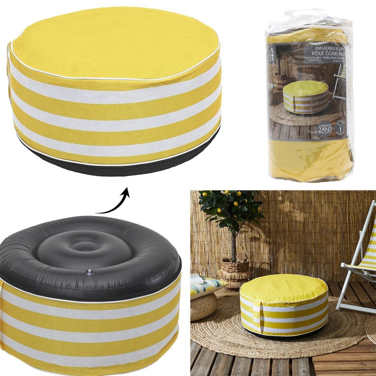The Home Deco Factory Pouf gonflable à rayures - Jaune