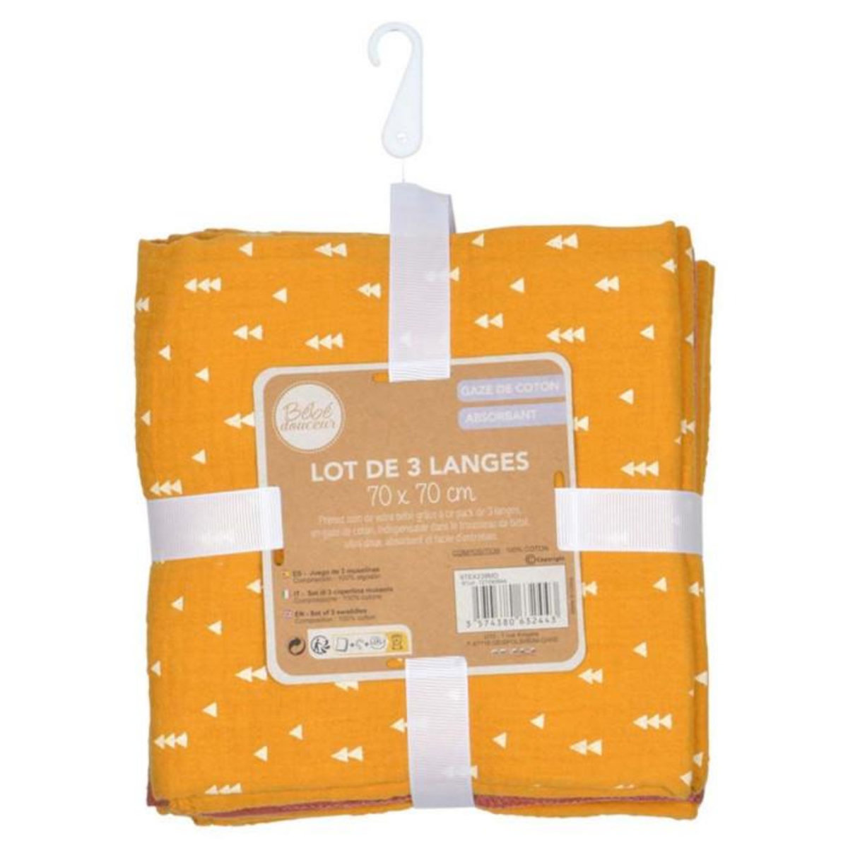 Paris Prix Lot de 3 Langes Bébé  Absorbant  70x70cm Moutarde