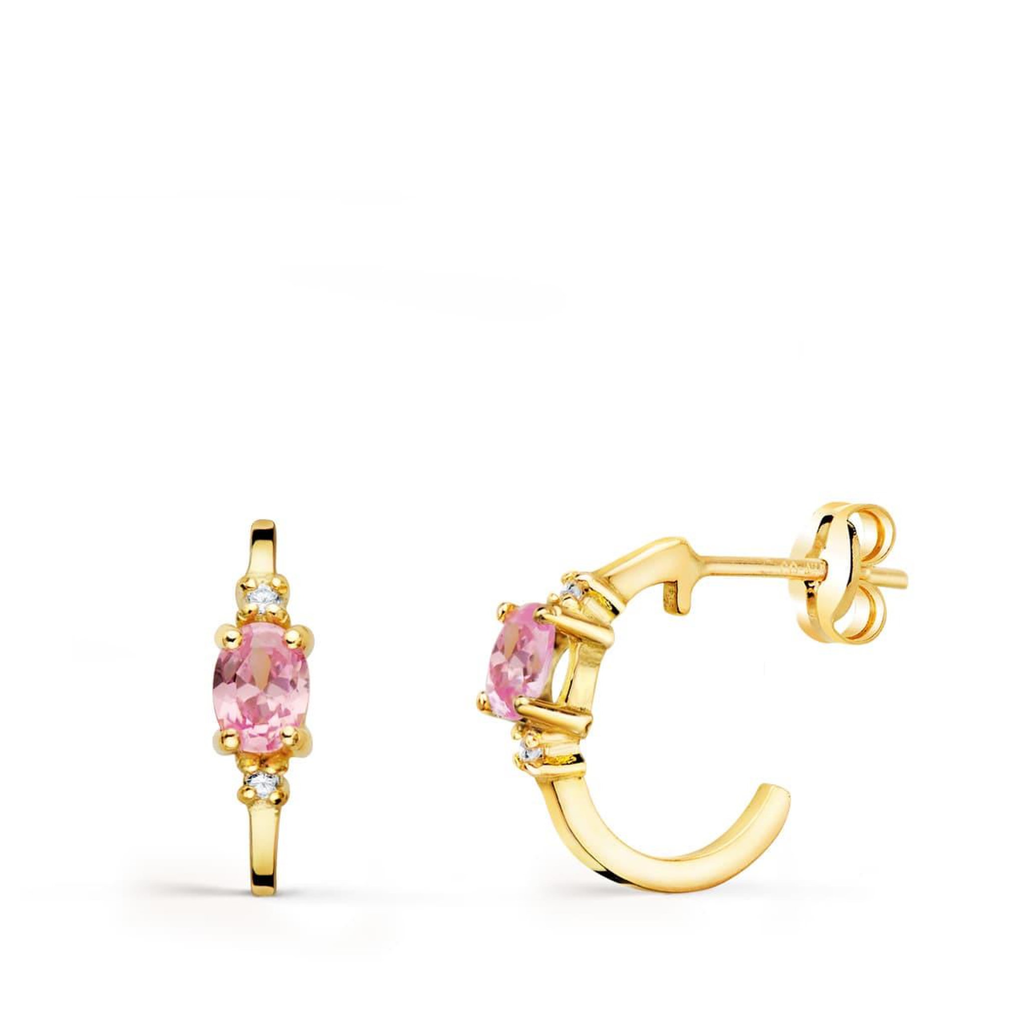 L'ATELIER D'AZUR Boucles d'Oreilles Demi Créoles Zirconiums Roses - Or 18 Carats 750 Jaune