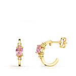 L'ATELIER D'AZUR Boucles d'Oreilles Demi Créoles Zirconiums Roses - Or 18 Carats 750 Jaune