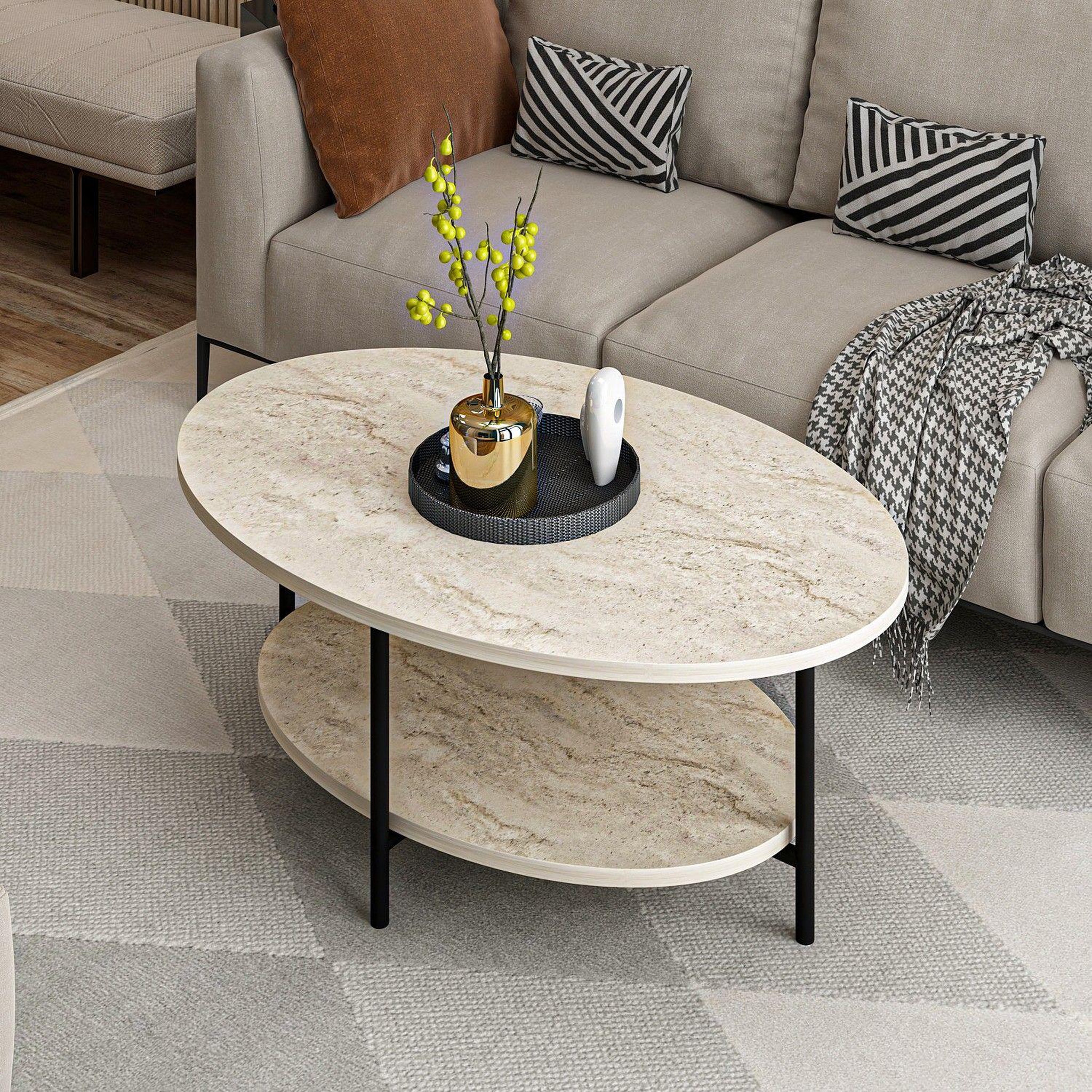 Voir la diapositive 6 : TOILINUX Table basse 1 étagère effet travertin - beige et noir