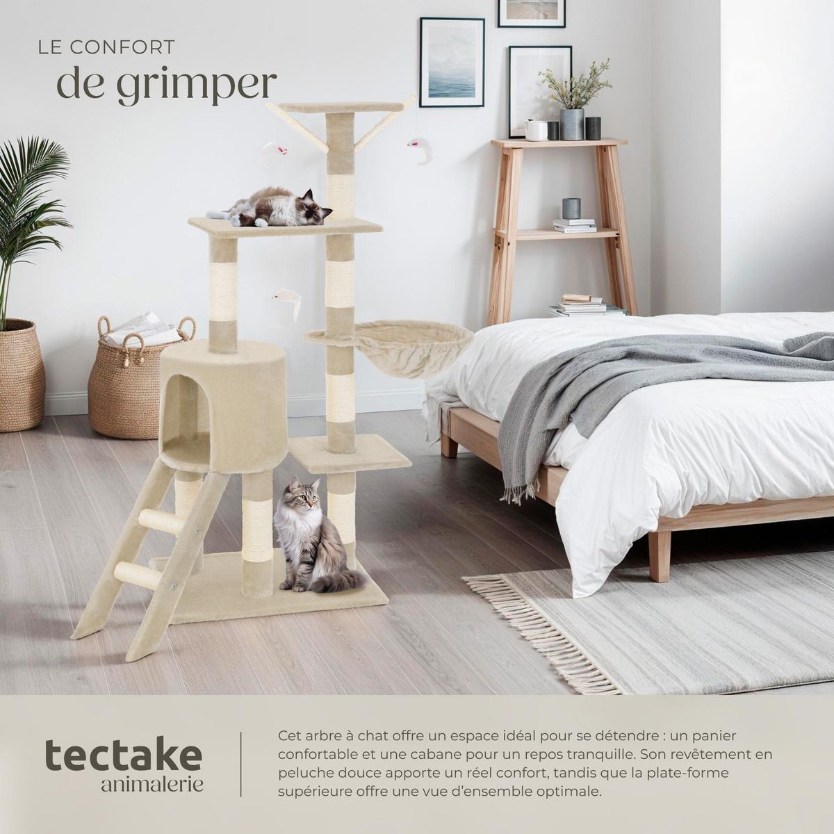 tectake Arbre à chat 144 cm avec griffoir et plateforme d'escalade beige