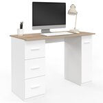 ID MARKET Bureau droit MAE 3 tiroirs et porte placard blanc et bois