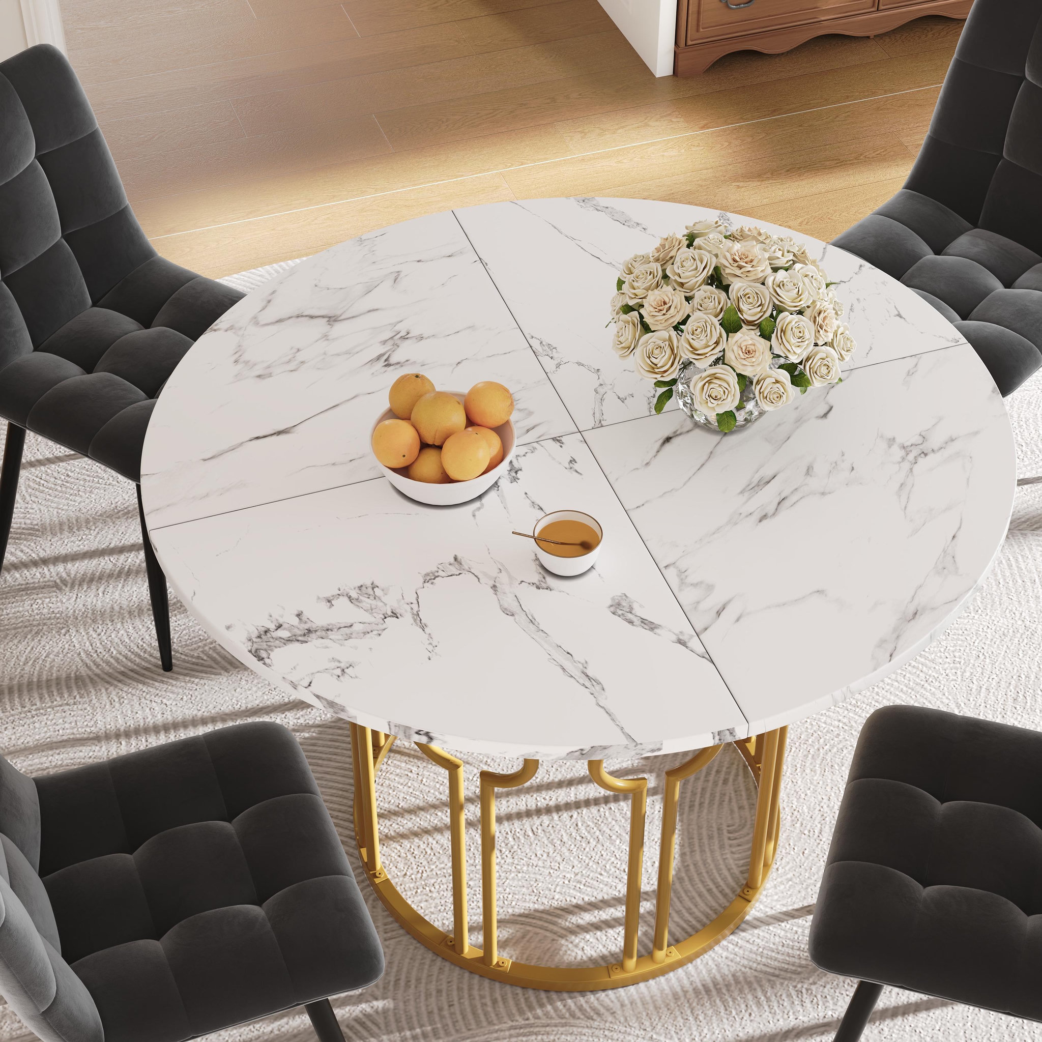 Voir la diapositive 4 : MERAX Table à manger ronde fixe blanc+doré - 100x100-100max.cm mdf et métal
