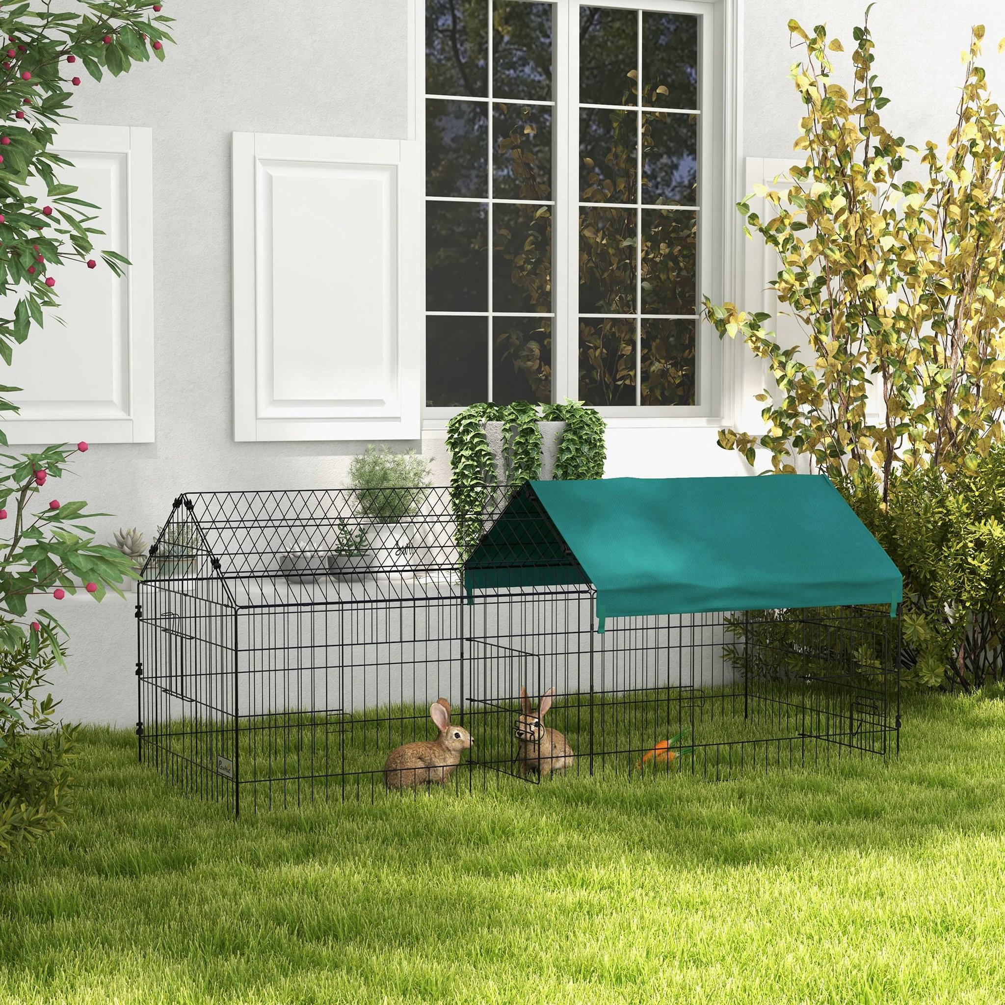 Voir la diapositive 2 : PAWHUT Parc enclos petits animaux - 2 portes, 2 trappes nourrissages, zone couverte - acier noir polyester vert