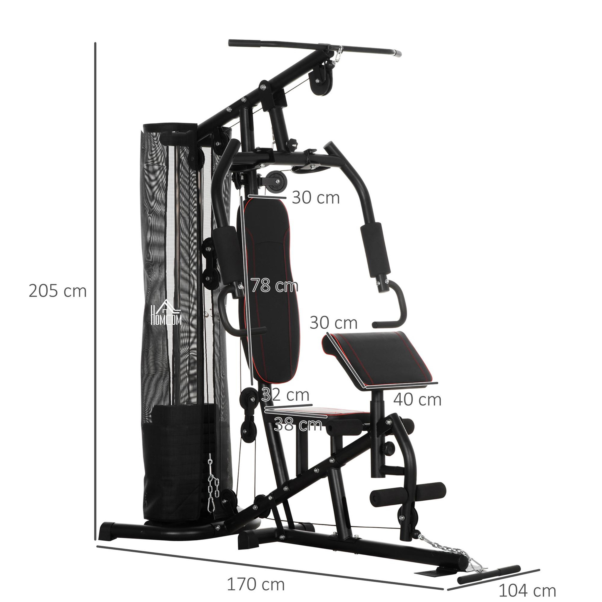 Voir la diapositive 3 : HOMCOM Station de musculation - entrainement complet - développé couché, butterfly, barre latissimus, curler, bande résistance, 10 contrepoids - acier noir rouge