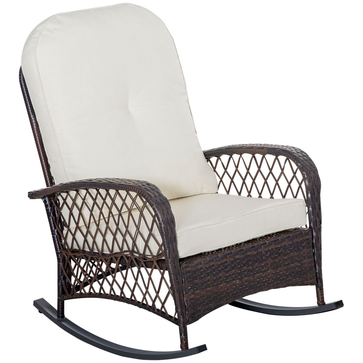 OUTSUNNY Fauteuil à bascule rocking chair intérieur extérieur en résine tressée avec coussins moelleux - dim. 75L x 103P x 96H cm - marron crème