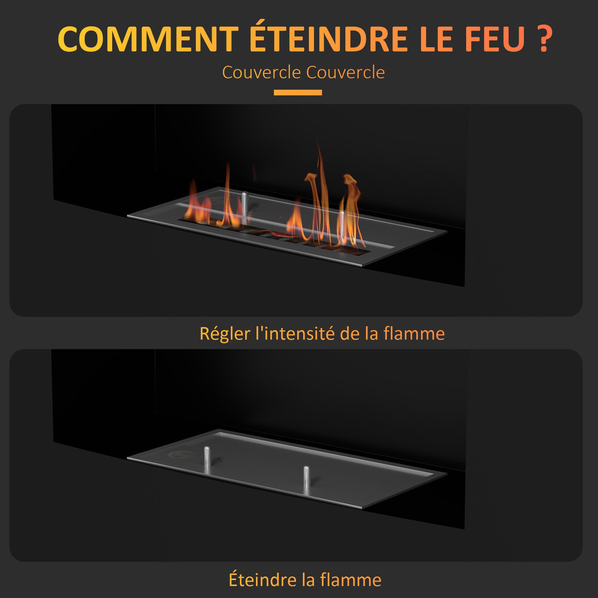 Voir la diapositive 6 : HOMCOM Cheminée bioéthanol encastrable design - 0,9L - 66 x 16 x 52 cm - acier inox. noir