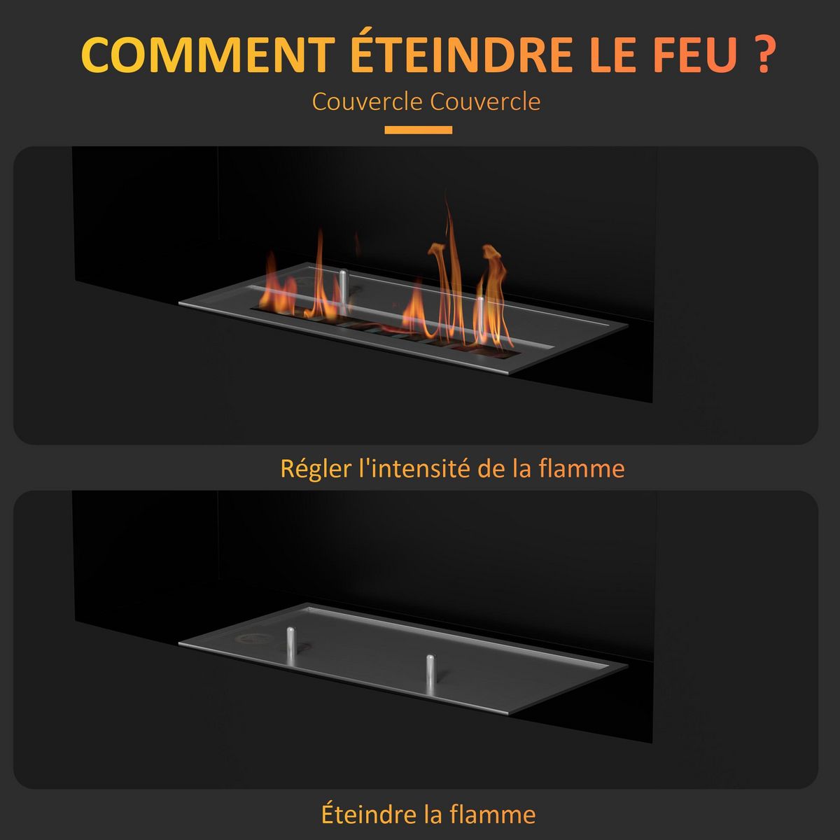 HOMCOM Cheminée bioéthanol encastrable design - 0,9L - 66 x 16 x 52 cm - acier inox. noir