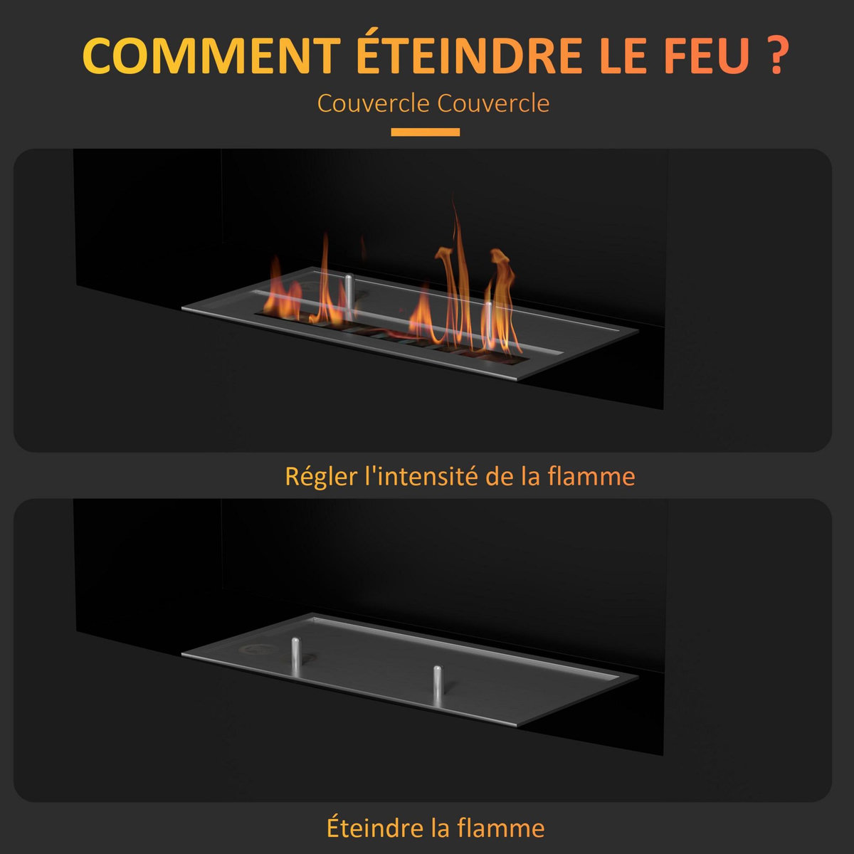 HOMCOM Cheminée bioéthanol encastrable design - 0,9L - 66 x 16 x 52 cm - acier inox. noir