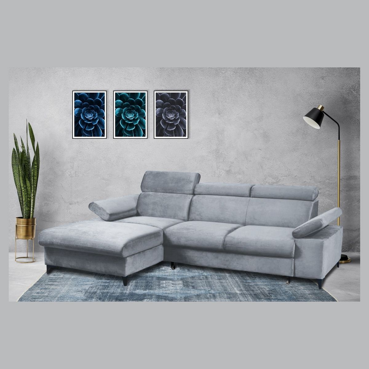 Canapé d'angle gauche fixe convertible 5 places avec coffre de rangement AURELIE