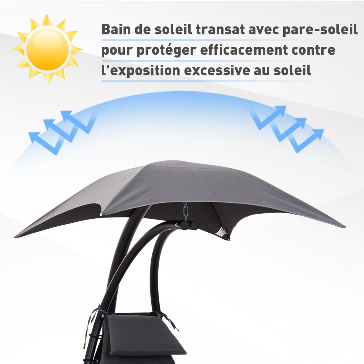 OUTSUNNY Bain de soleil transat suspendu avec pare-soleil et matelas design contemporain 190L x 115l x 190H cm acier polyester gris foncé noir