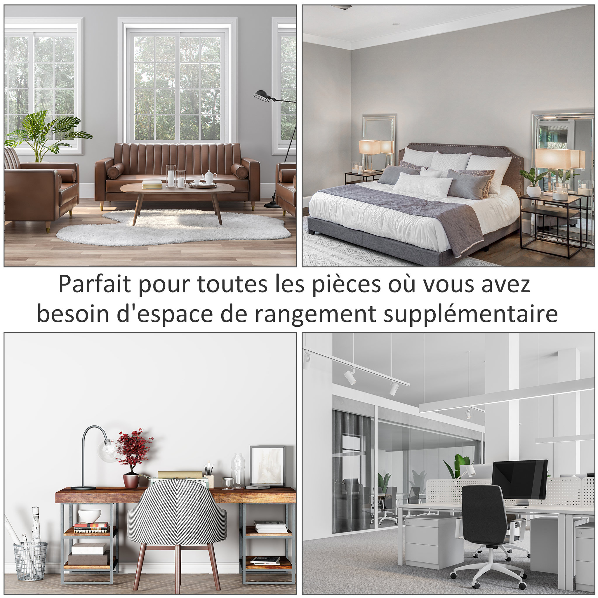 Voir la diapositive 6 : HOMCOM Biblliothèque 2 étagères 3 niches 2 placards + tiroir panneaux particules MDF chêne clair motif graphique métal noir