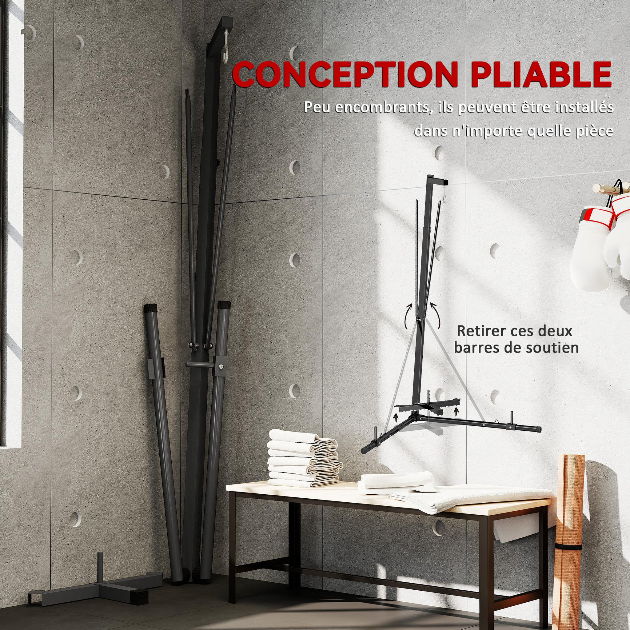 Voir la diapositive 4 : HOMCOM Support sac de frappe sur pied - hauteur réglable, pliable, à lester - charge max. 60 kg - acier noir