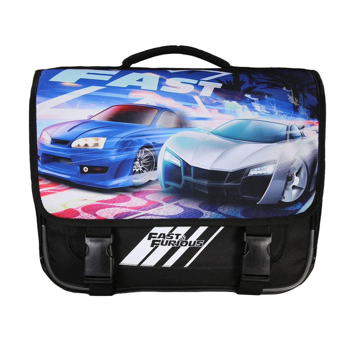 Bagtrotter Bagtrotter - Fast And Furious - Cartable 38cm  -  Noir - 2 Compartiments  - 1 Poche Sous Rabat - 1 Poche Bouteille -  Bretelles Matelassés - Fond Renforcé - Dos Matelassé -  38x13x34cm - Matière Polyester - Cartable Scolaire Primaire