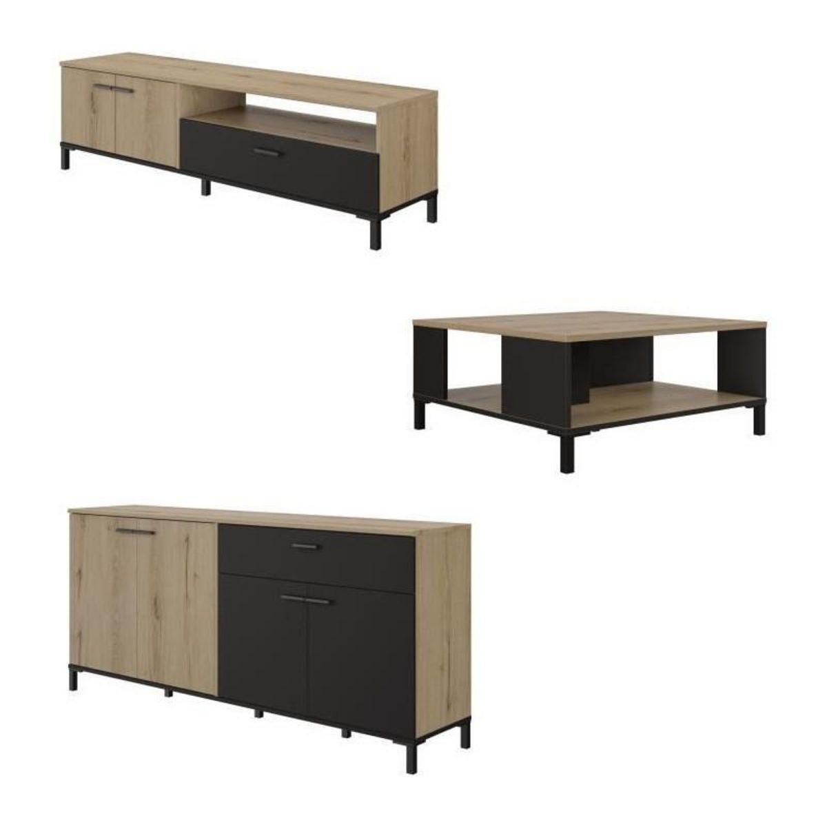 GAMI Ensemble meuble TV, table basse et buffet bas - TRUST - Chene / Noir - GAMI