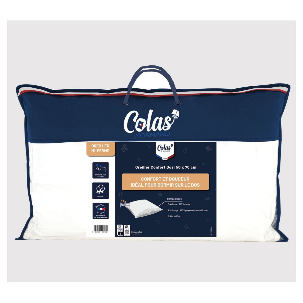 COLAS NORMAND Oreiller confort mi-ferme en coton idéal pour dormir sur le dos 
