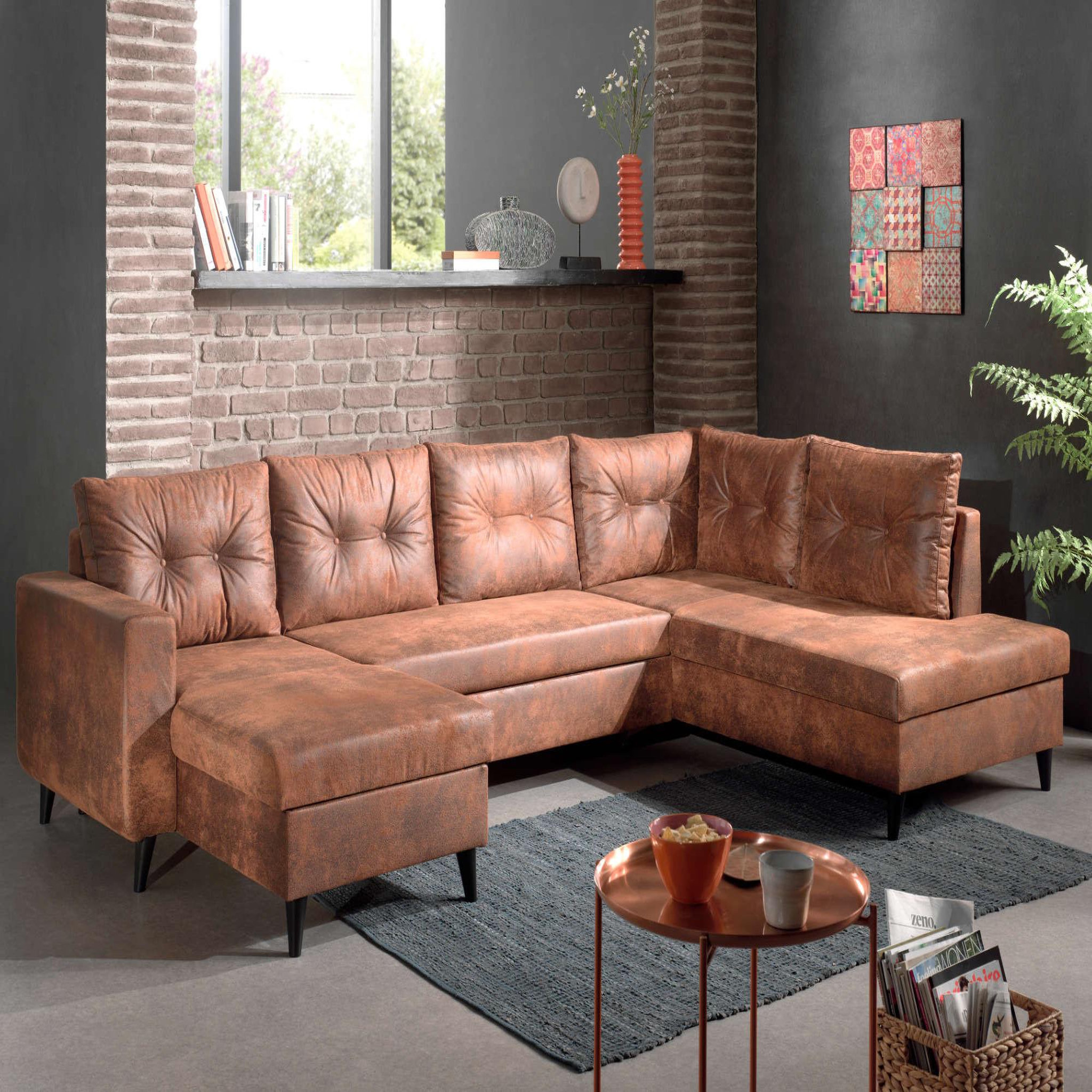 BEST MOBILIER Nordic - canapé panoramique en u - 7 places - convertible - industriel vintage - angle droit. Coloris disponibles : Marron