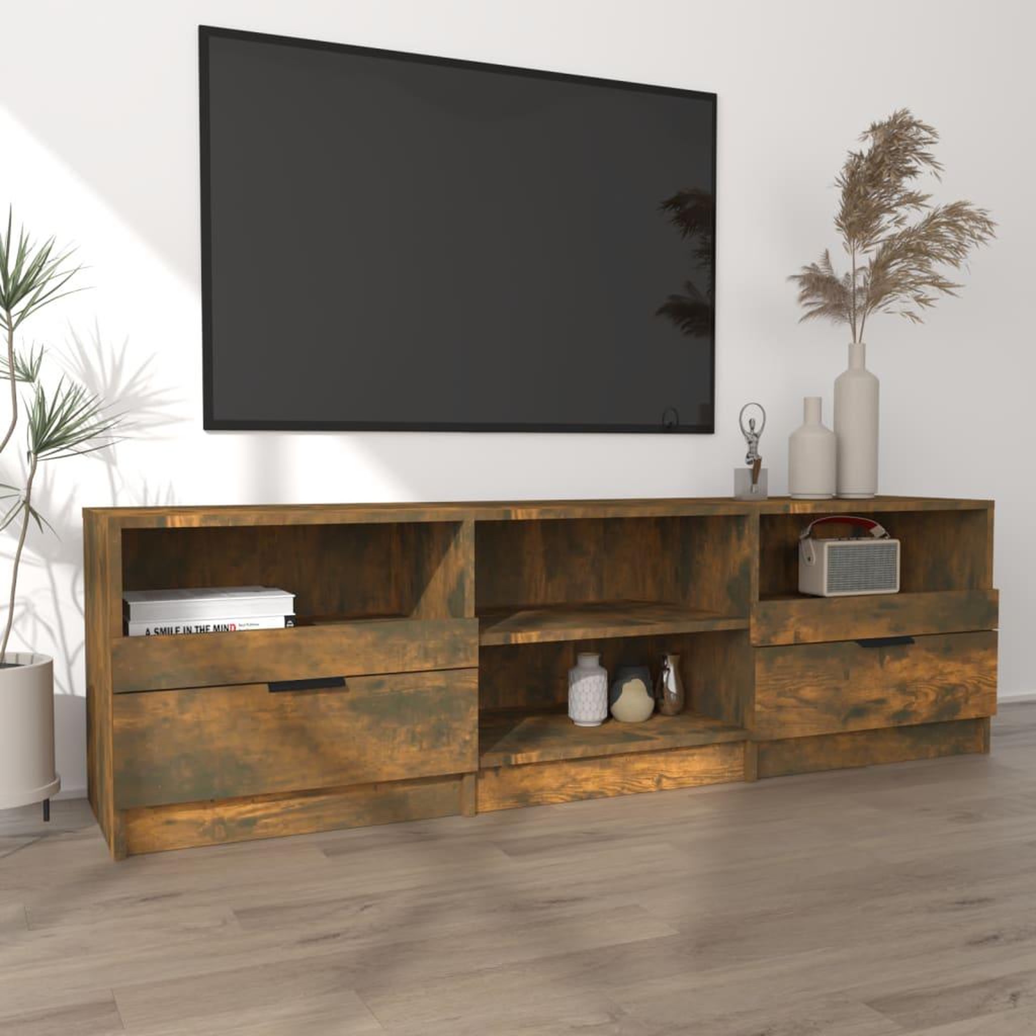Voir la diapositive 3 : VIDAXL Meuble TV Chene fume 150x33,5x45 cm Bois d'ingenierie