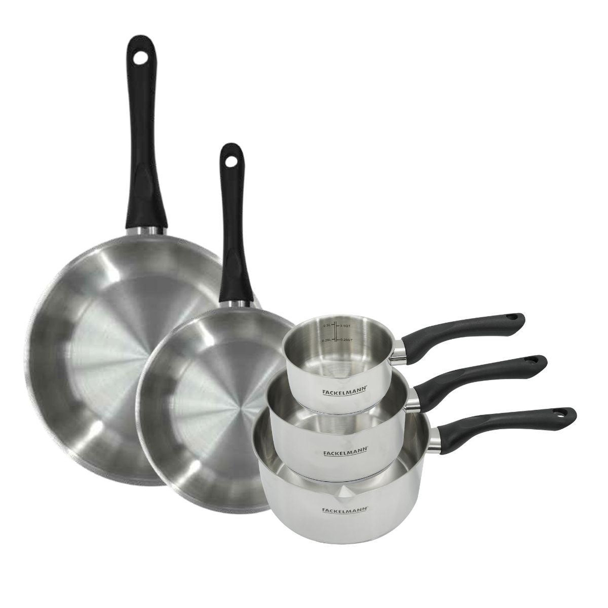 Fackelmann Set 2 poêles 24 et 28 cm et 3 casseroles 12 16 et 20 cm en inox fackelmann geneva