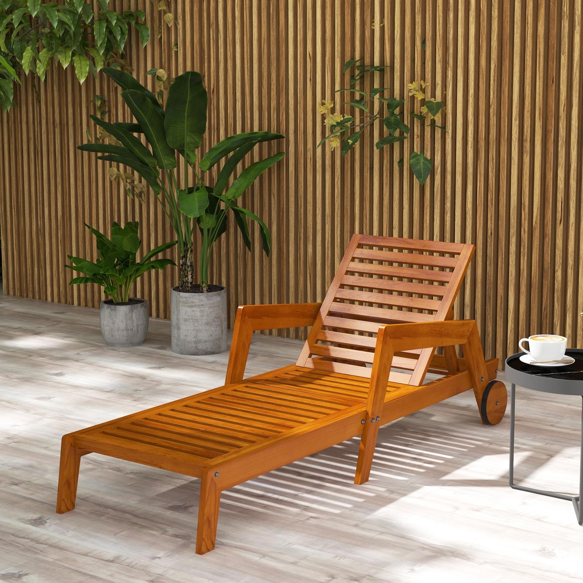 Voir la diapositive 2 : OUTSUNNY Bain de soleil transat inclinable 3 positions - accoudoirs, roues - bois de mélèze verni