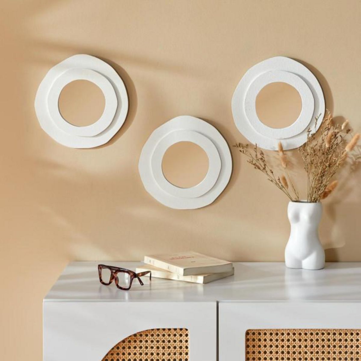 ATMOSPHERA Lot de 3 Miroirs Ronds  Emily  25cm Blanc