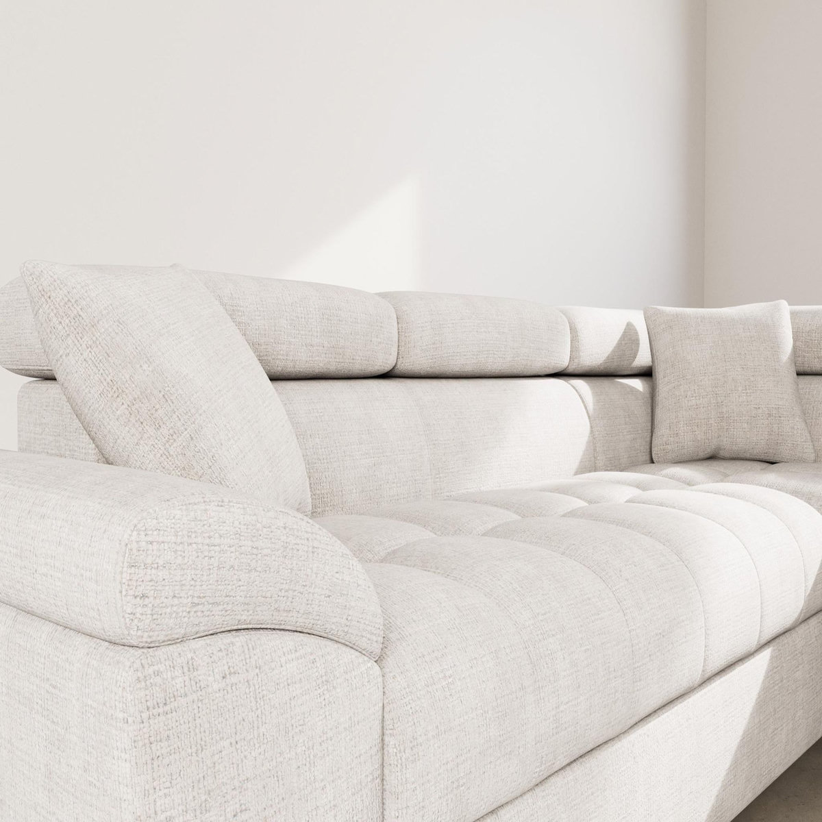 BEST MOBILIER Camille - canapé d'angle droit 5 places convertible avec têtières et coffre en velours texturé