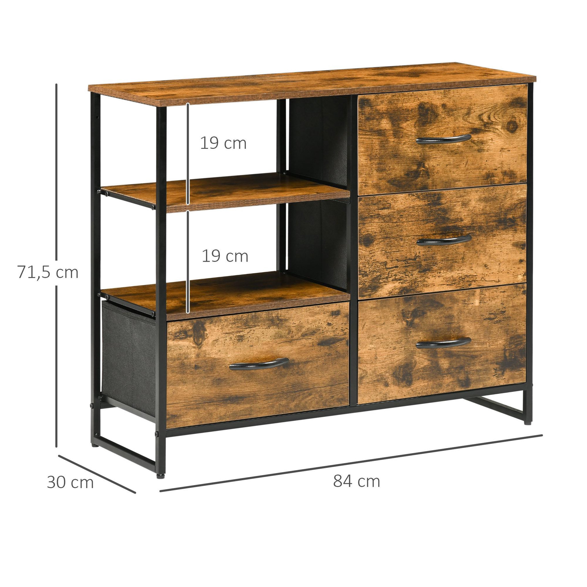 Voir la diapositive 3 : HOMCOM Buffet design industriel - 4 tiroirs, 2 niches, plateau - châssis acier noir MDF aspect bois avec veinage