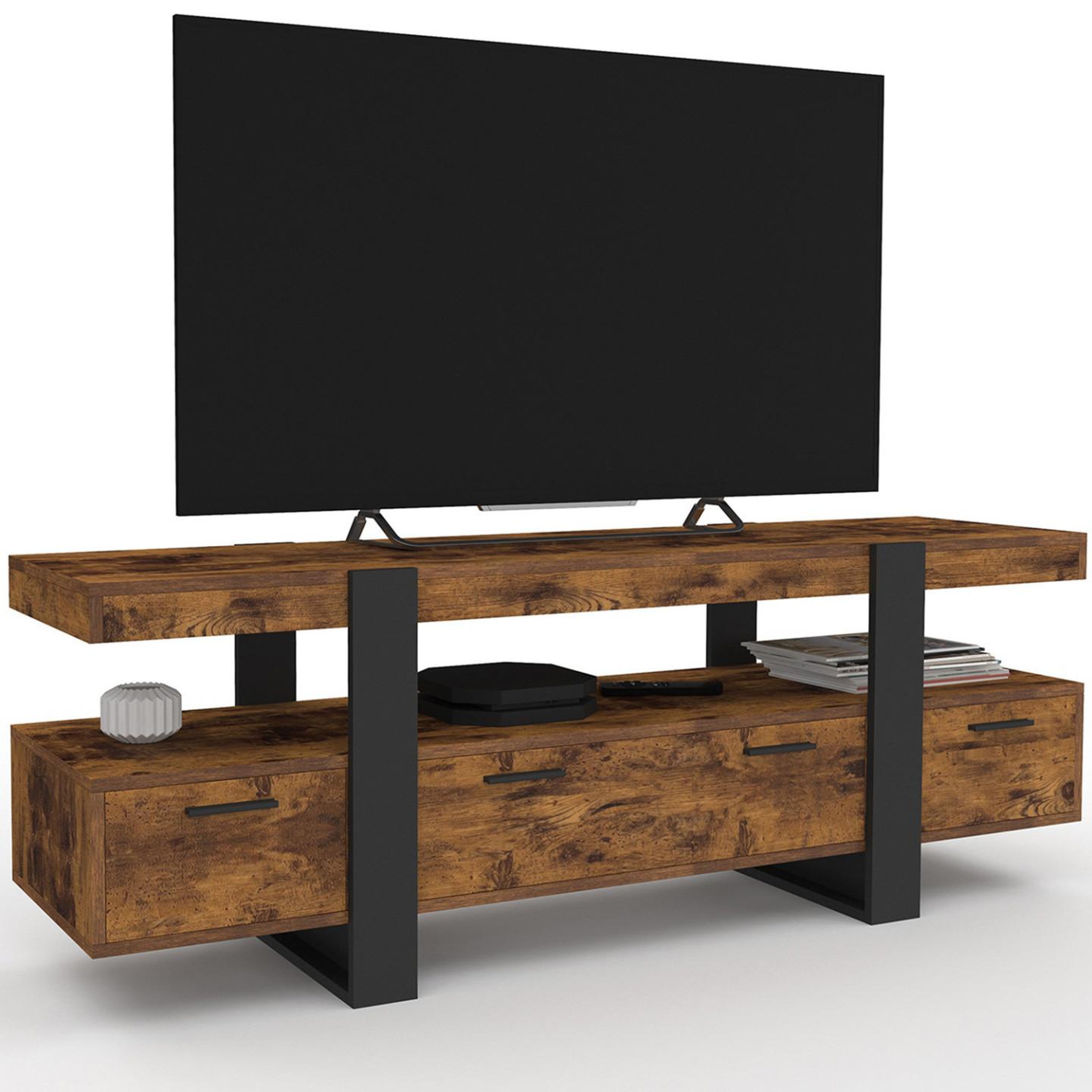 Voir la diapositive 2 : ID MARKET Meuble tv 140 cm phoenix avec tiroirs bois effet vieilli et noir