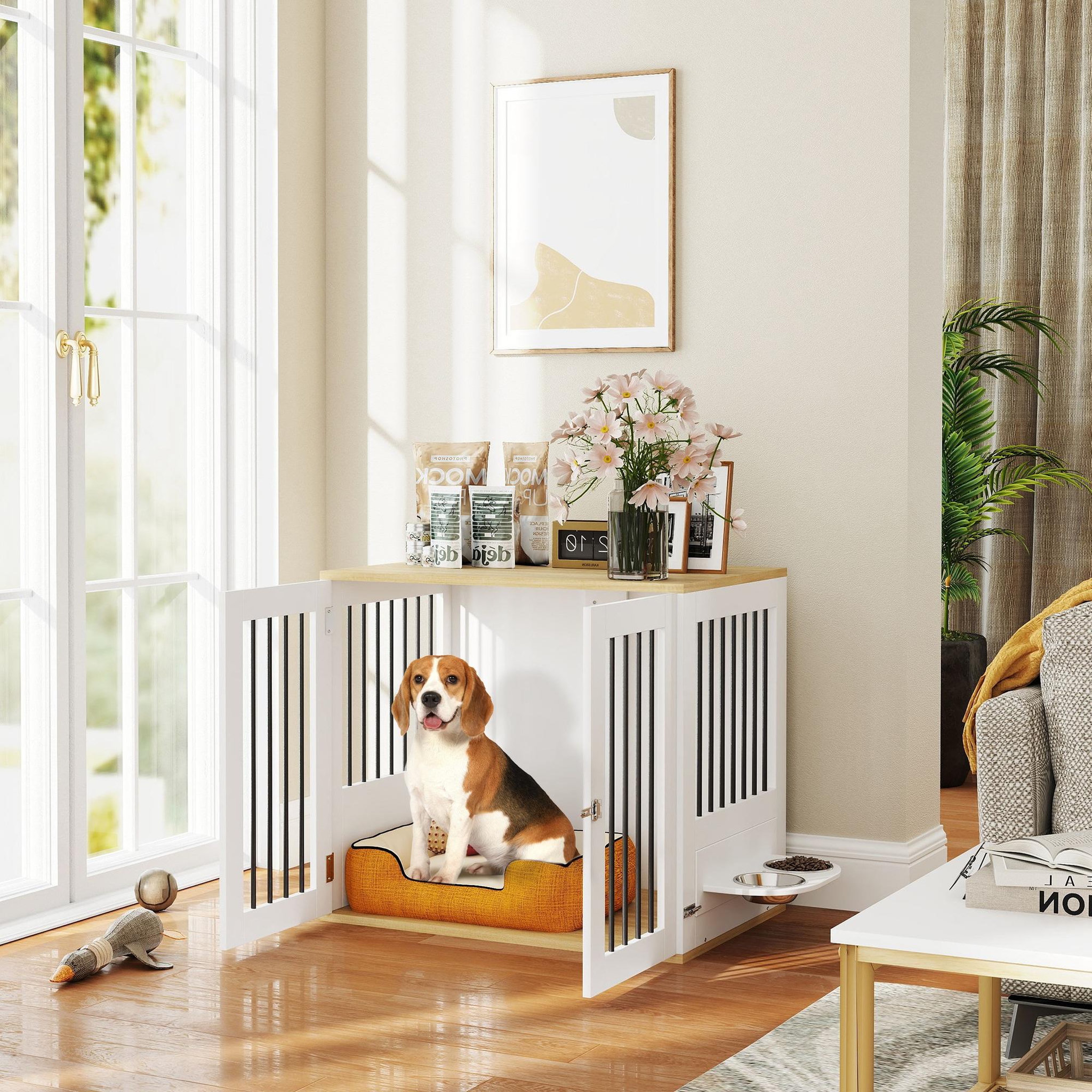 Voir la diapositive 5 : PAWHUT Cage pour chien en bois - 2 portes verrouillables, 2 gamelles rotatives  - 80 x 55 x 71 cm - blanc effet bois clair