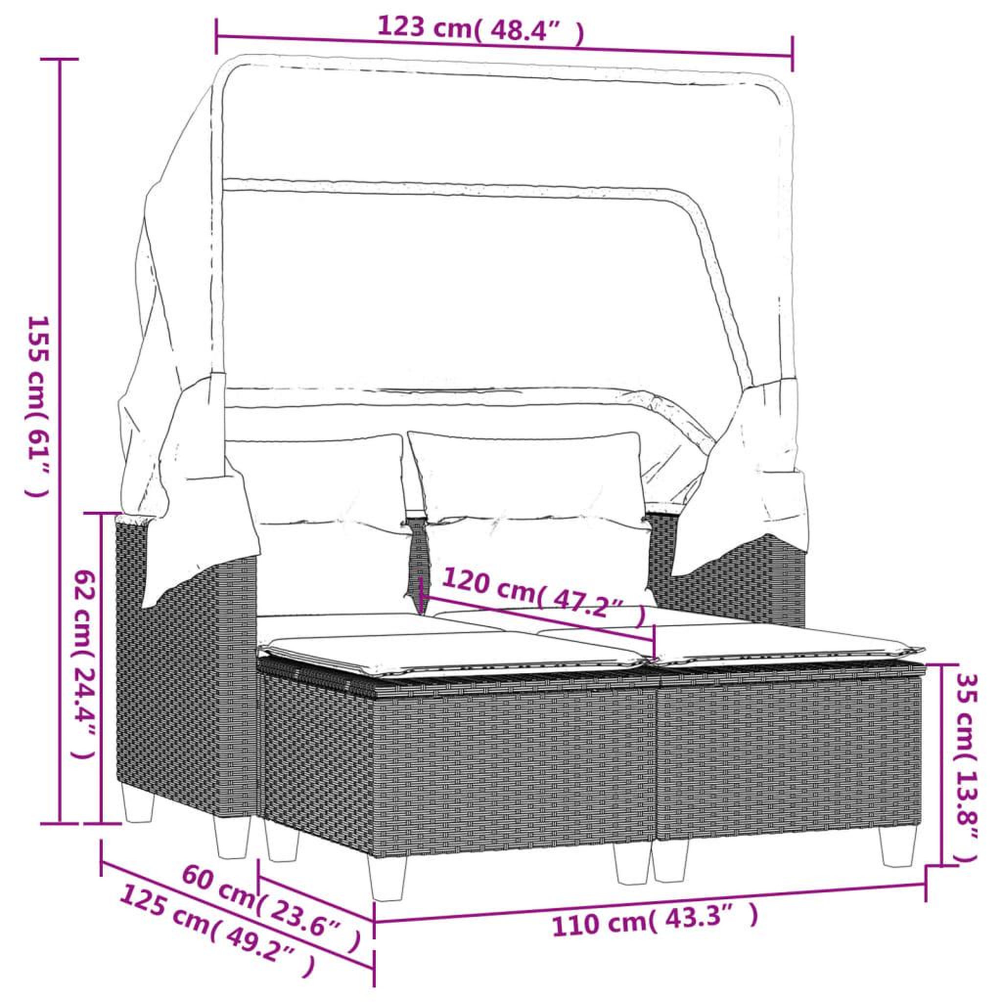 Voir la diapositive 6 : VIDAXL Canape de jardin 2 places avec auvent et tabourets noir rotin