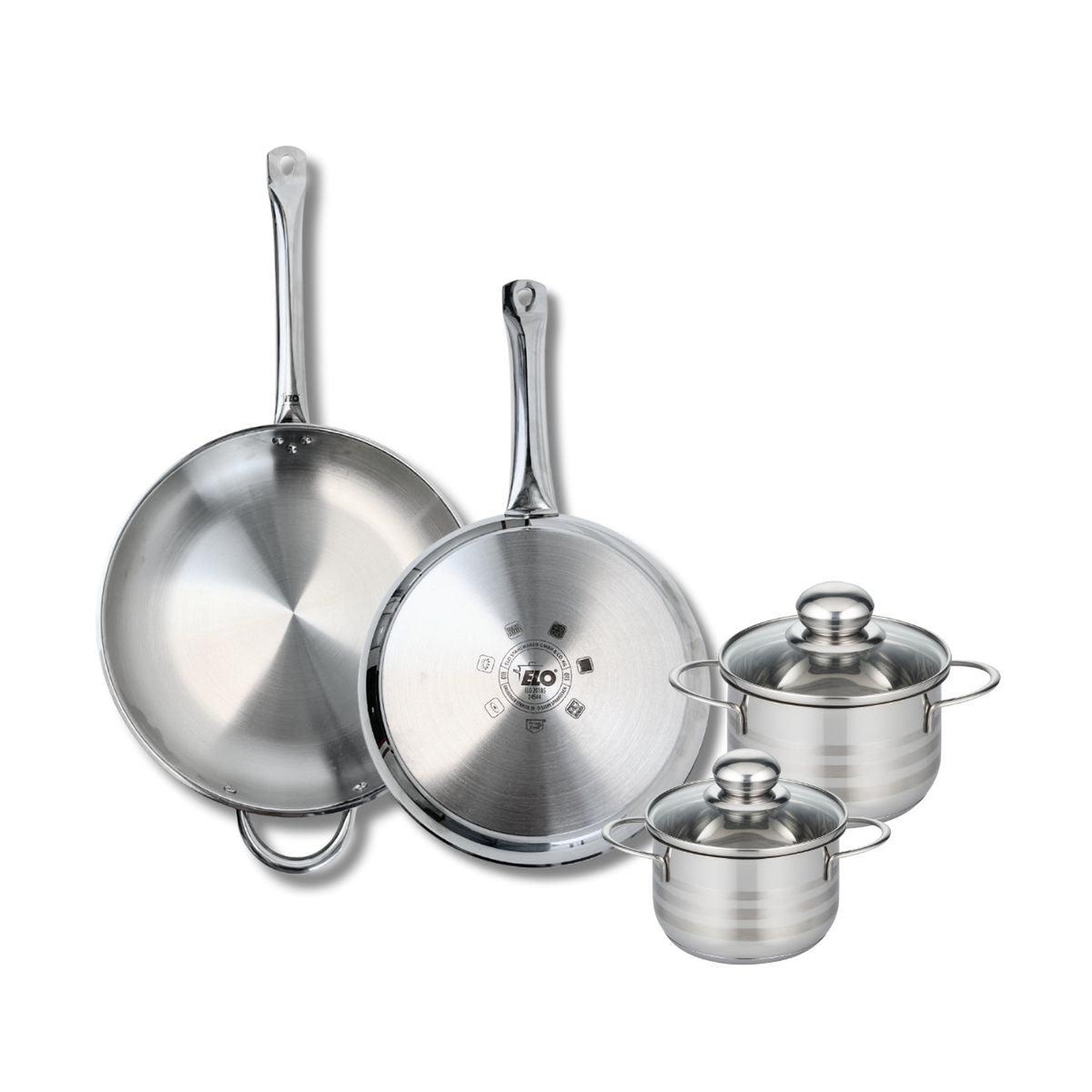 ELO Ensemble de 2 poêles de cuisson 28 et 32 cm et 2 faitouts 14 et 16 cm elo profi brillant