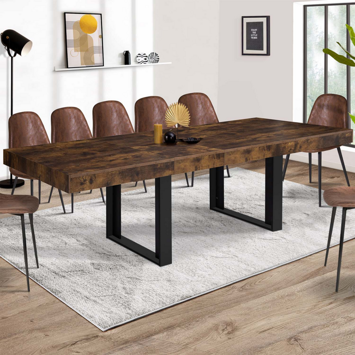 ID MARKET Table à manger extensible rectangle PHOENIX 6-12 personnes bois effet vieilli et noir 200-300 cm