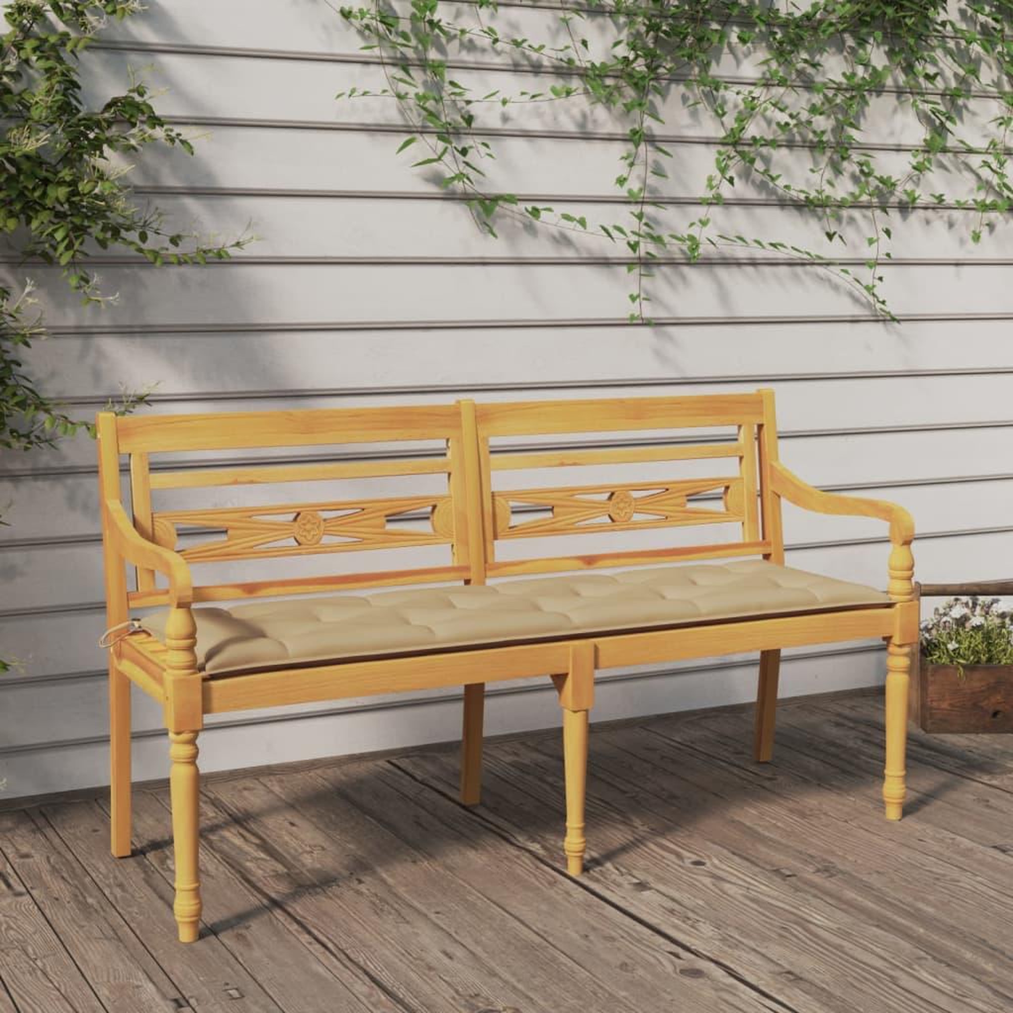 Voir la diapositive 1 : VIDAXL Banc Batavia avec coussin beige 150 cm Bois de teck massif