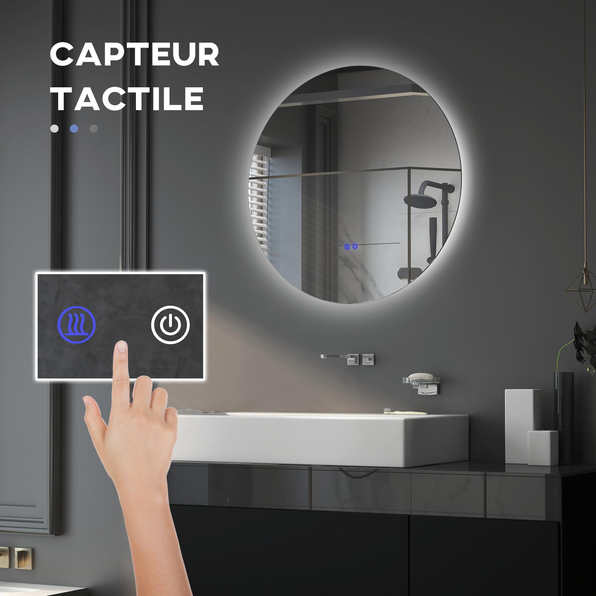Voir la diapositive 4 : KLEANKIN Miroir rond lumineux led de salle de bain 70 cm avec éclairage interrupteur tactile système antibuée miroir mural led à luminosité réglable 35 w gris