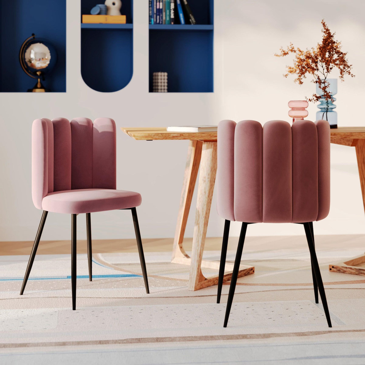 MAISON PAVANE Lot de 2 chaises en velours rose et pieds en métal noir-Rosy