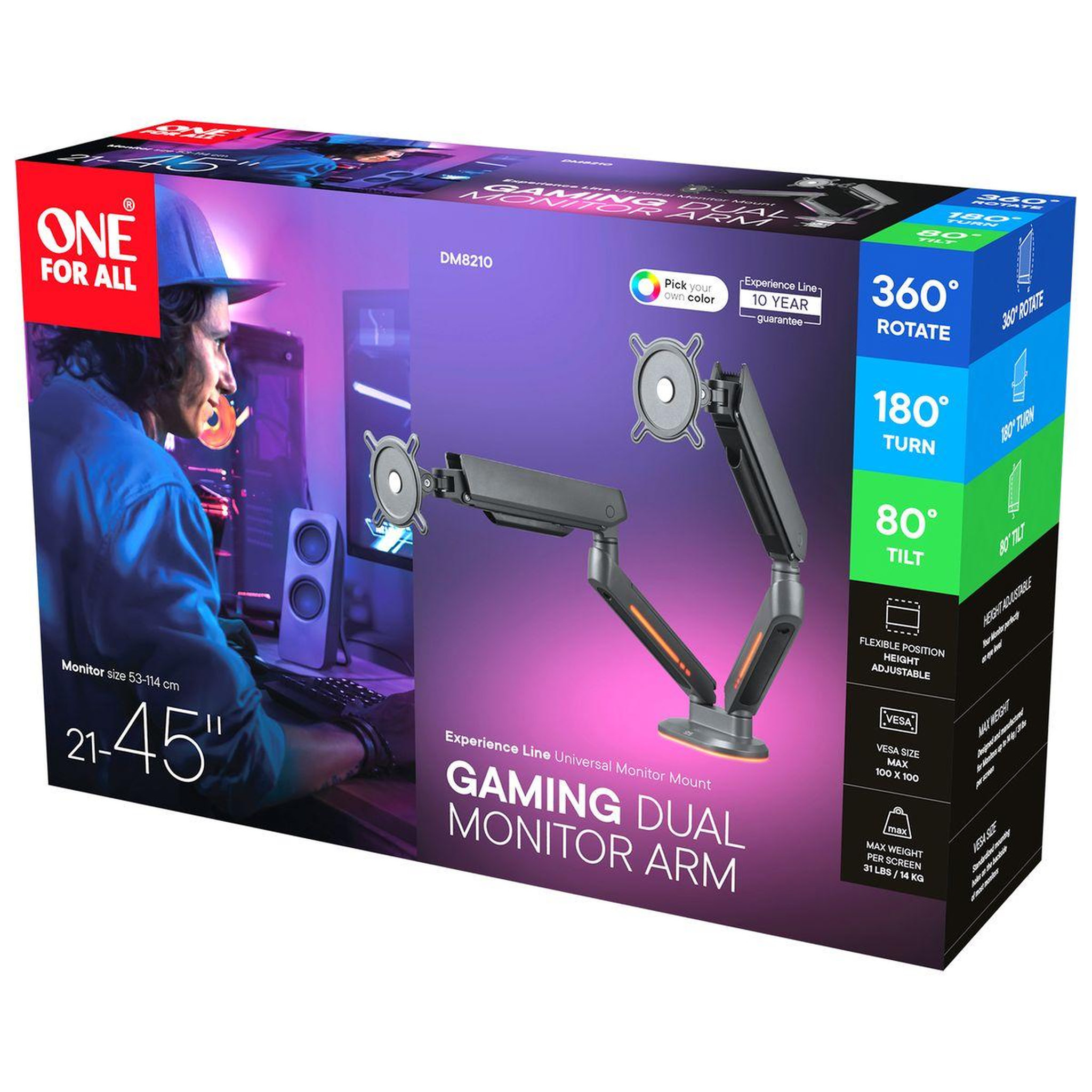 One For All Support écran pc 2 écrans 21/45'' noir rgb inclinable