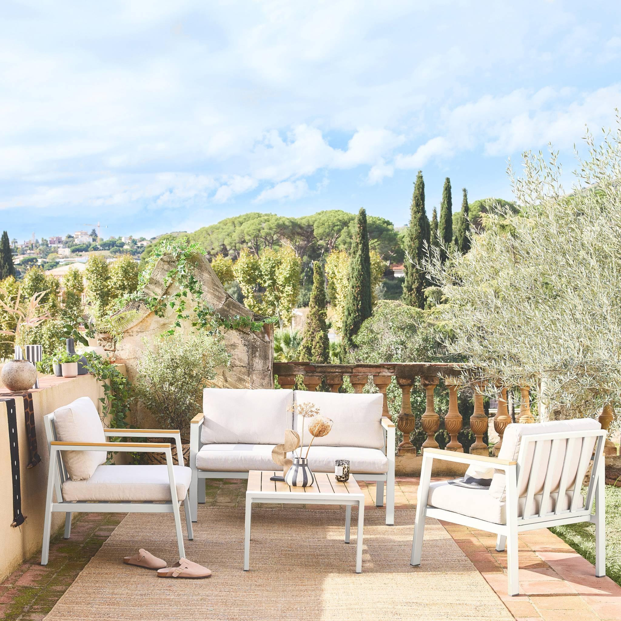 Voir la diapositive 2 : SWEEEK Salon de jardin Casoria, aluminium et polywood 4 places, 1 canapé, 2 fauteuils, 1 table basse