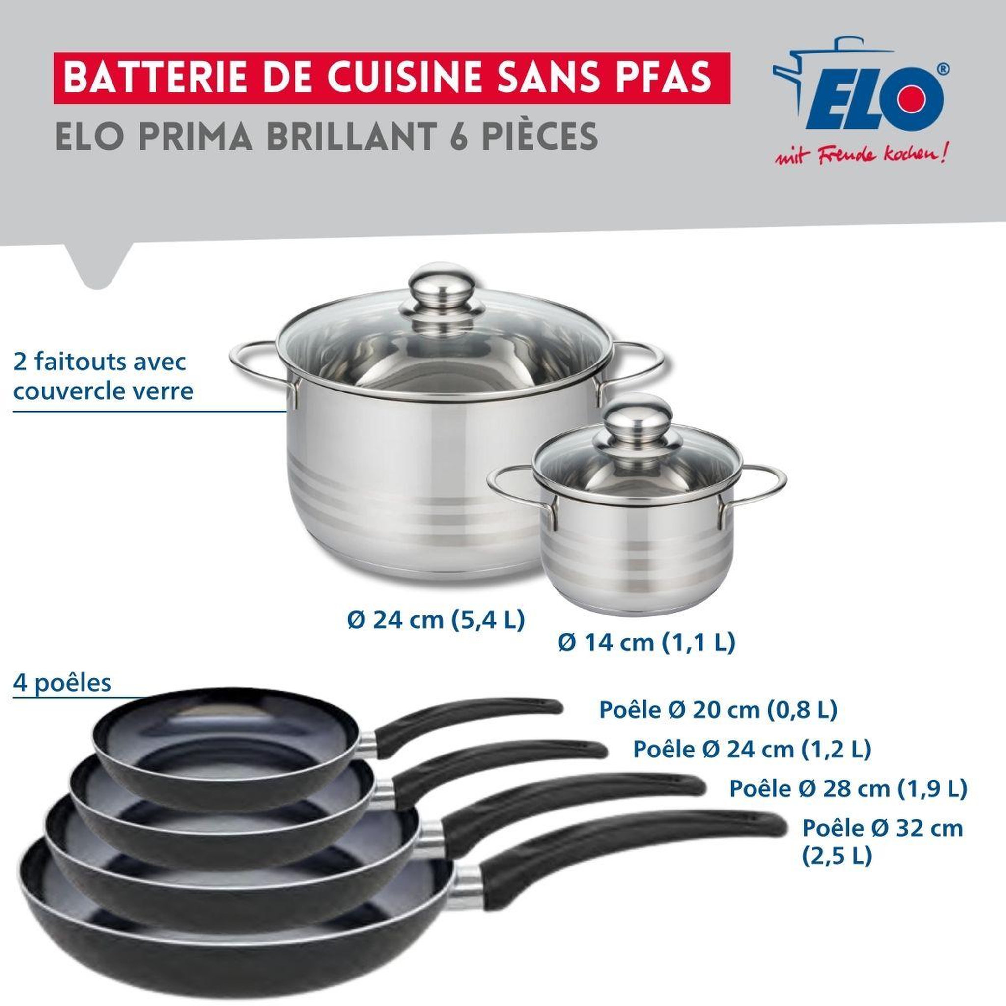 Voir la diapositive 2 : ELO Ensemble de 4 poêles de cuisson 20, 24, 28 et 32 cm et 2 faitouts 14 et 24 cm elo prima brillant