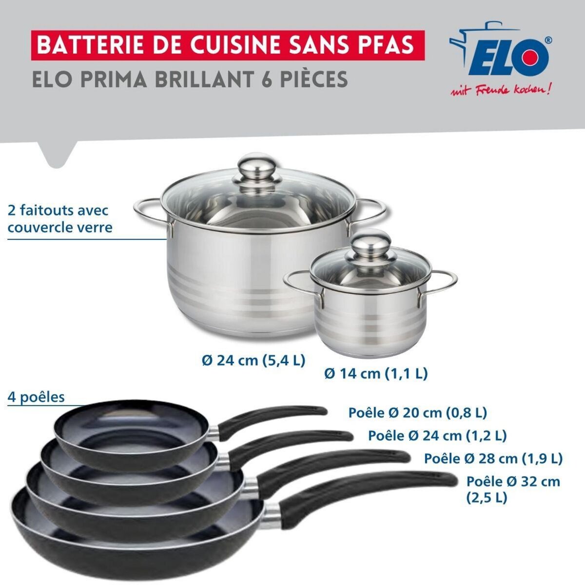 ELO Ensemble de 4 Poêles de cuisson 20, 24, 28 et 32 cm et 2 faitouts 14 et 24 cm Elo Prima Brillant
