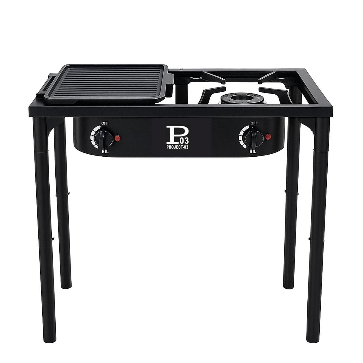 INTEC Réchaud à Gaz 2 feux Barbecue grill 9kW 2en1 : 2 brûleurs fonte + 1 Plaque Grill Fonte, 3 Hauteurs Modulables Piezo INTEC
