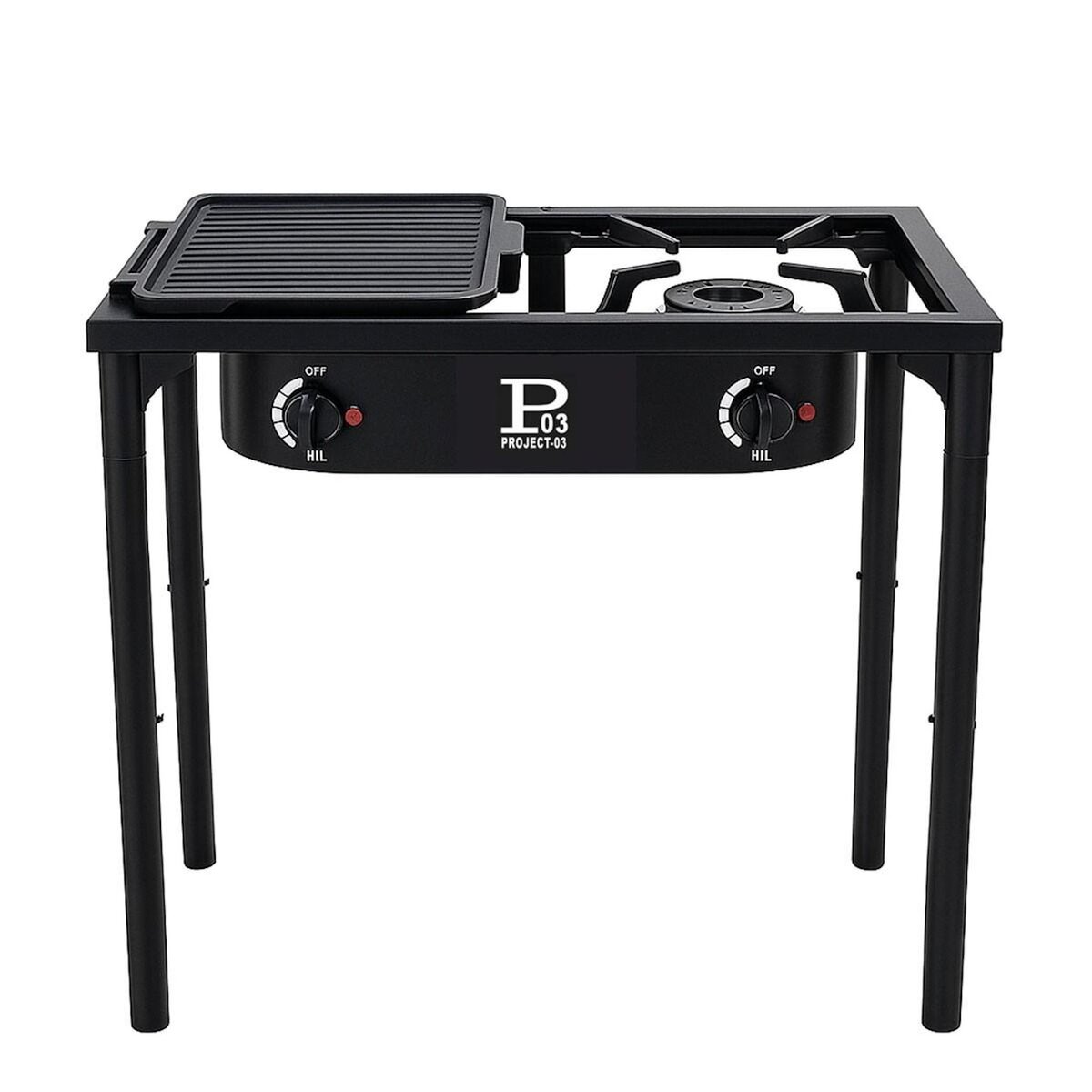 INTEC Réchaud à Gaz 2 feux Barbecue grill 9kW 2en1 : 2 brûleurs fonte + 1 Plaque Grill Fonte, 3 Hauteurs Modulables Piezo INTEC