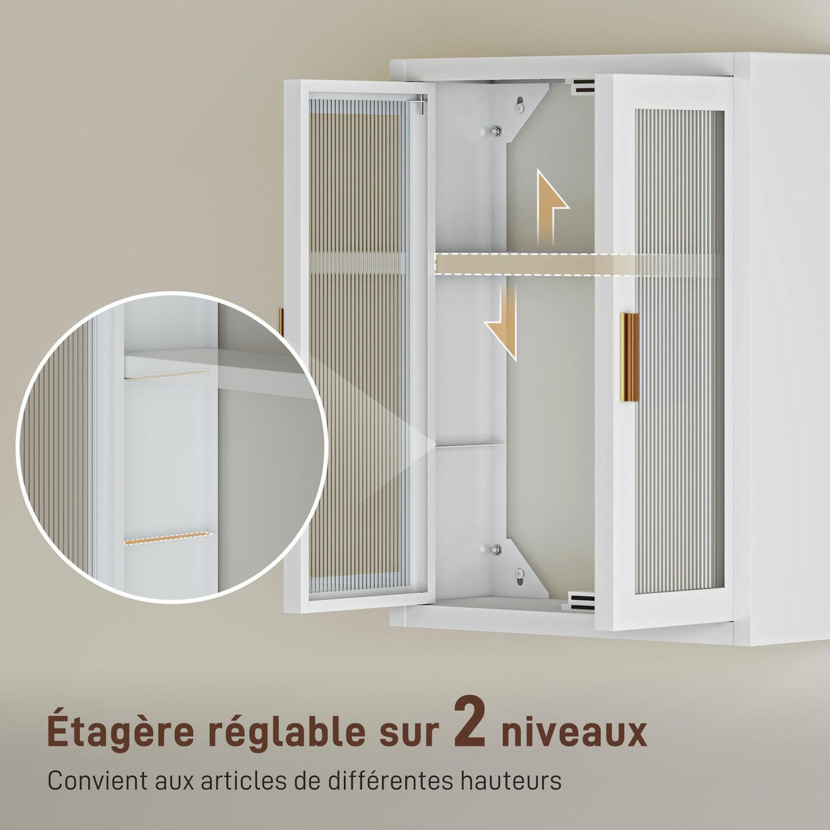 HOMCOM Armoire murale métal salle de bain étagère 2 portes acrylique cannelé 40 x 14 x 50 cm blanc doré