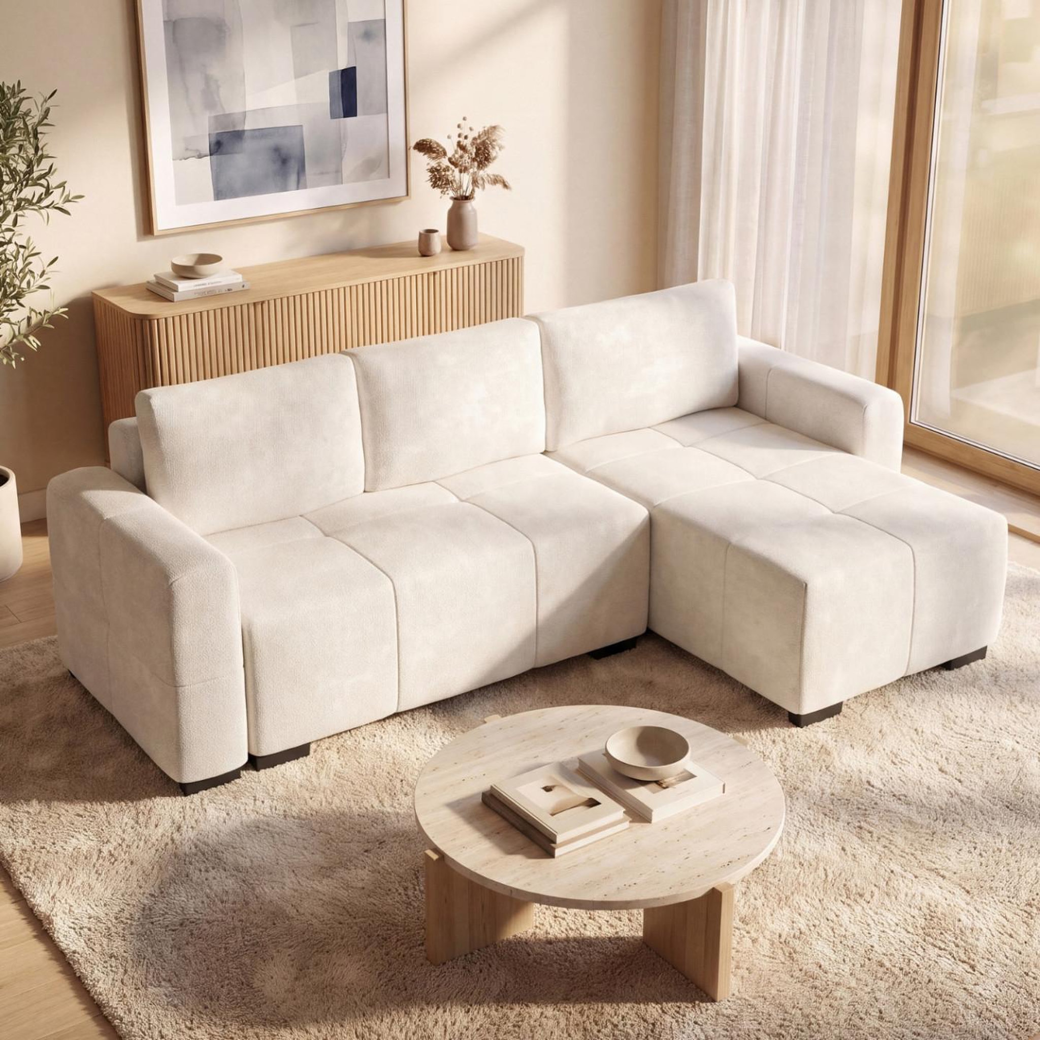 Voir la diapositive 2 : ID MARKET Canapé d'angle convertible 4 places NUAGE 240 cm avec coffre de rangement en tissu chenille crème