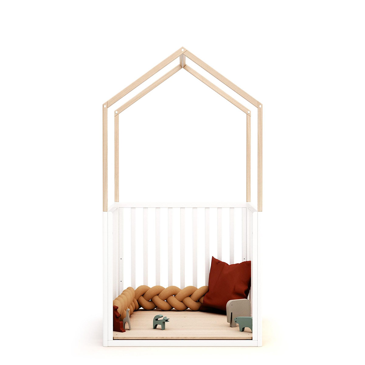 AT4 Parc bébé évolutif cabane avec toit CONFORT en bois 100 x 100 cm