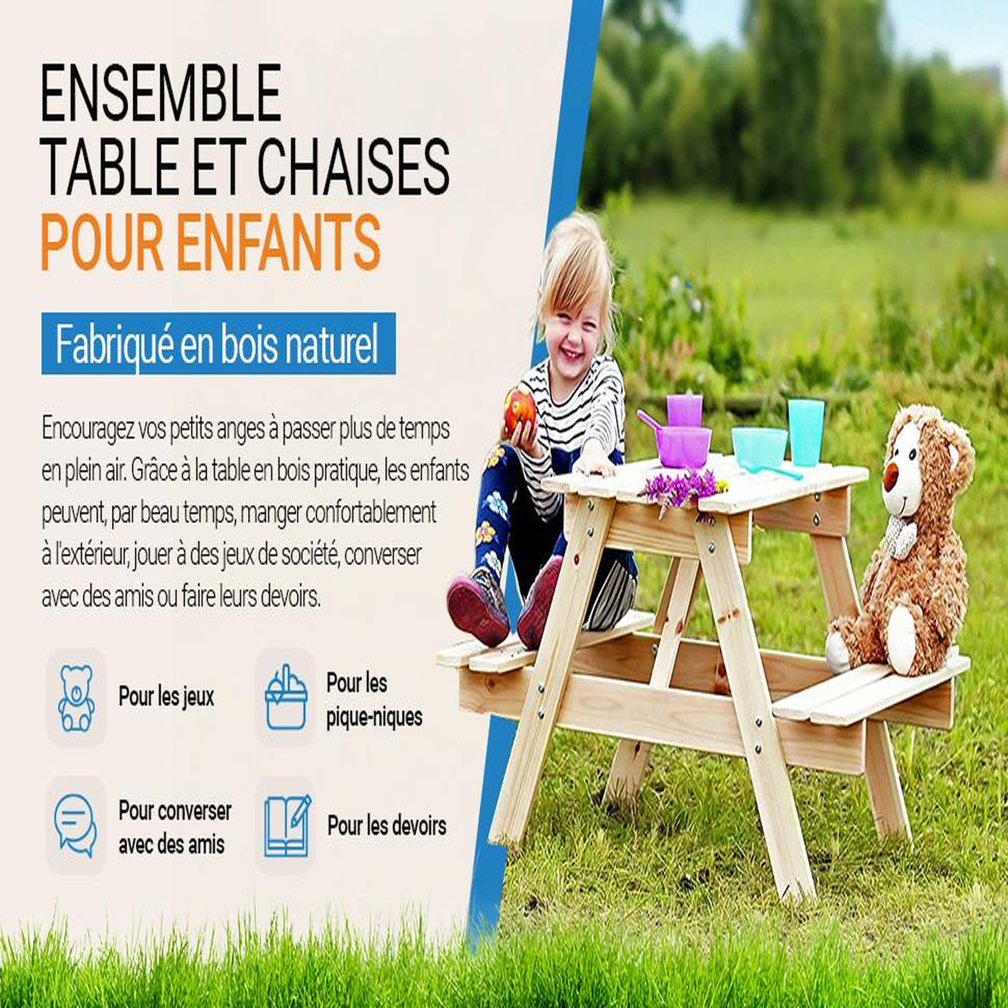 Voir la diapositive 5 : TIMBELA Table enfant pour le jardin table et chaise enfant avec 90x90xh50 cm m010-1