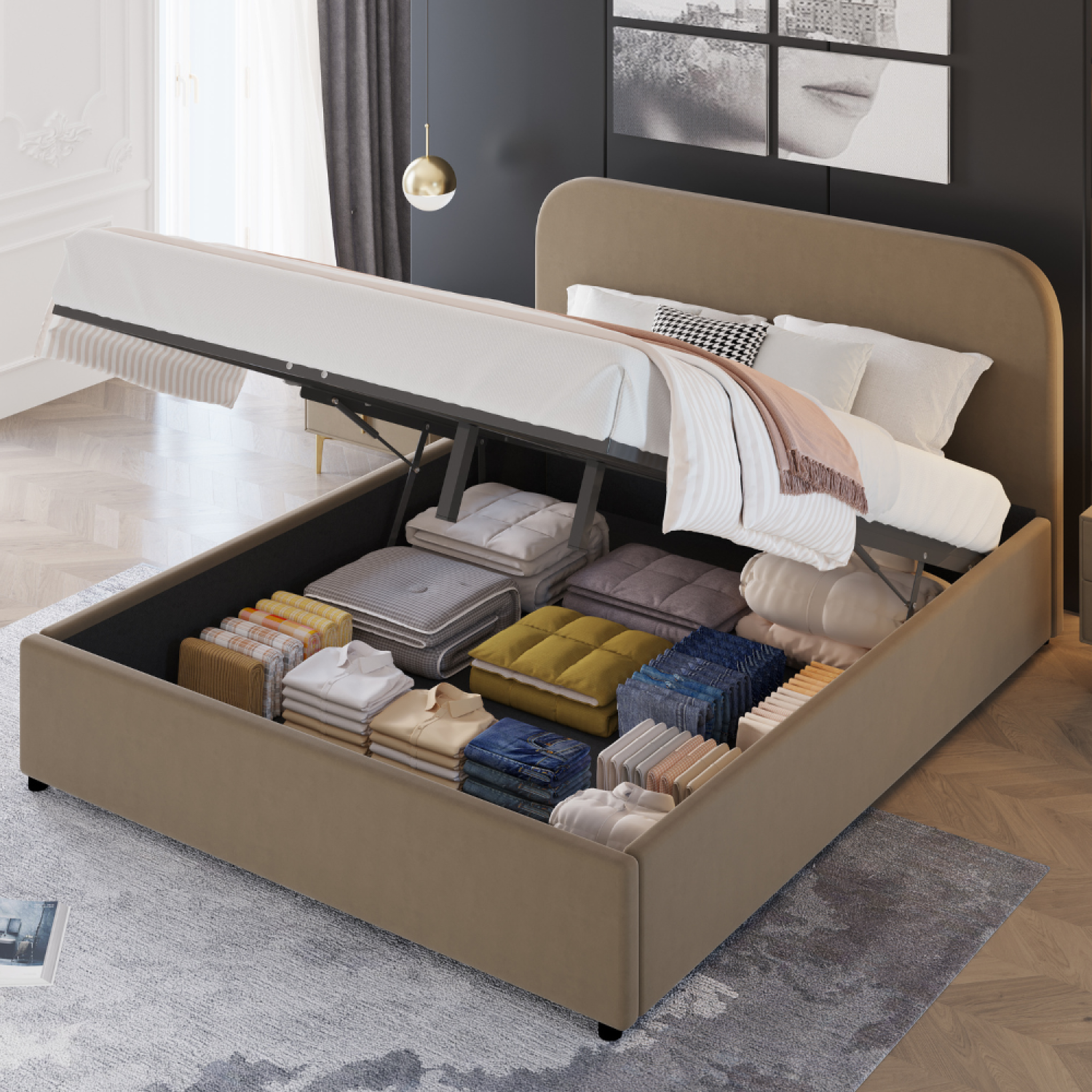 Voir la diapositive 5 : CONCEPT USINE Lit avec coffre de rangement 140x190cm velours taupe houston
