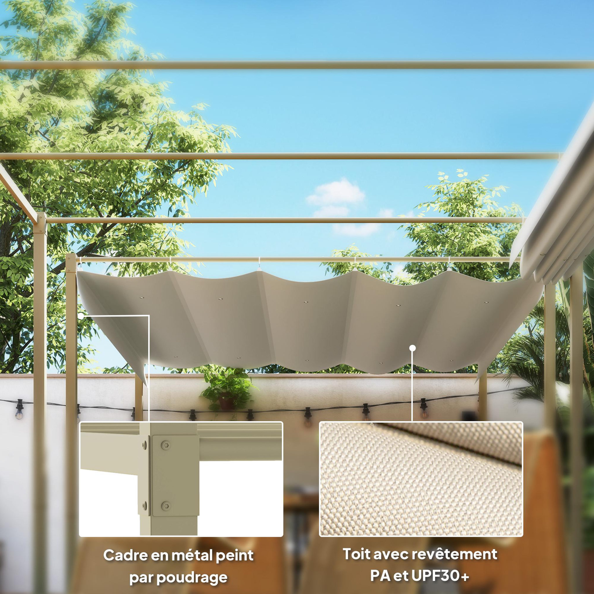 Voir la diapositive 5 : OUTSUNNY Pergola rétractable 3 x 3 m acier époxy beige polyester haute densité 180 g/m² UPF30+ kaki