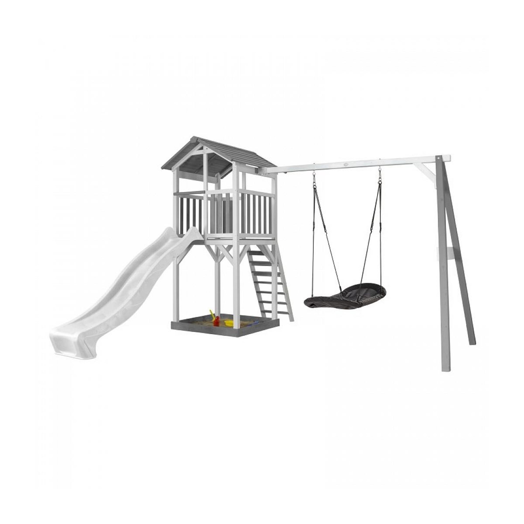 Axi House AXI Structure de jeu Beach Tower Blanc Gris avec 1 balancoire siege nid ovale Roxy et toboggan Blanc