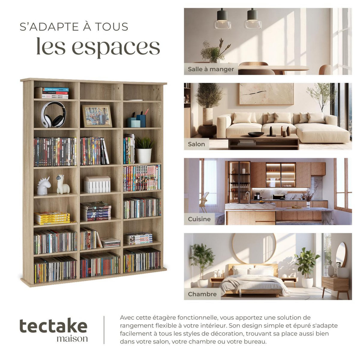 tectake Étagère DVD CD aspect bois Bois clair, Chêne Sonoma